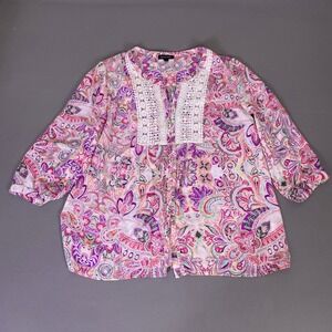 Notations Blouse Top Womens XL Pink Purple Paisley Button Up 3/4 Sleeve Crochet